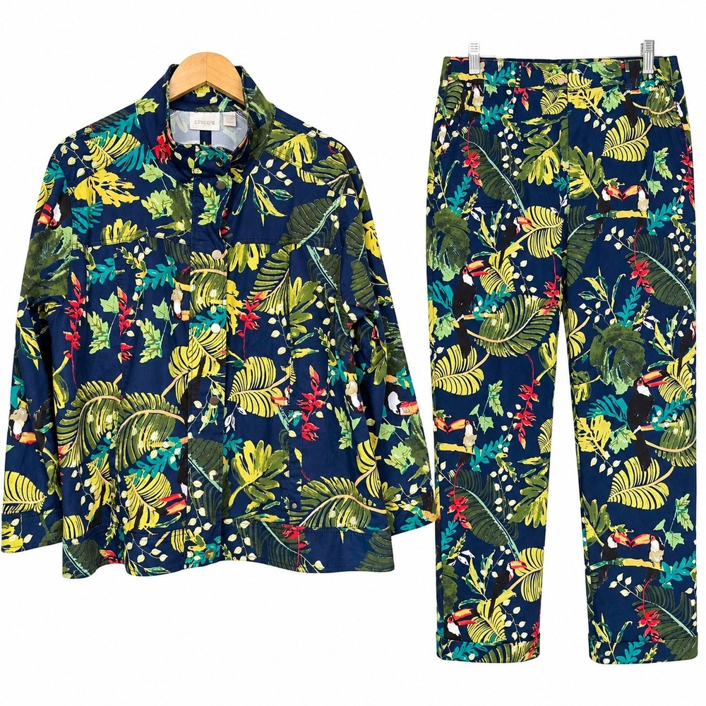 Chicos Tropical Luxe Utility Jacket Pants Set 4 XL Blue Toucan Palm Leaf Resort
